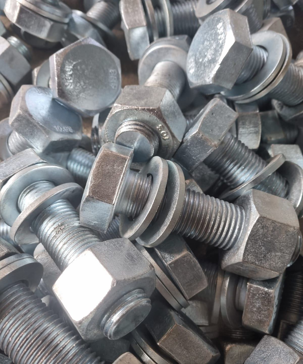 Galvanised HSFG bolting assemblies - bolt, nut and hardened washers marked 10.9S, manufactured by S R Forgings