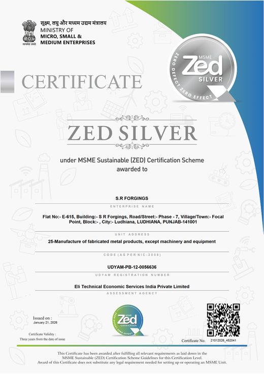 ZED Silver certificate awarded to S R Forgings under the MSME Sustainable ZED Certification Scheme